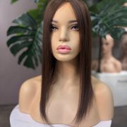Rita 16 inch brunette Russian Mongolian human hair topper with 5x7 silk base, freestyle parting and 130% density