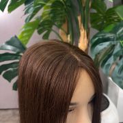 Rita 16 inch brunette Russian Mongolian human hair topper with 5x7 silk base, freestyle parting and 130% density