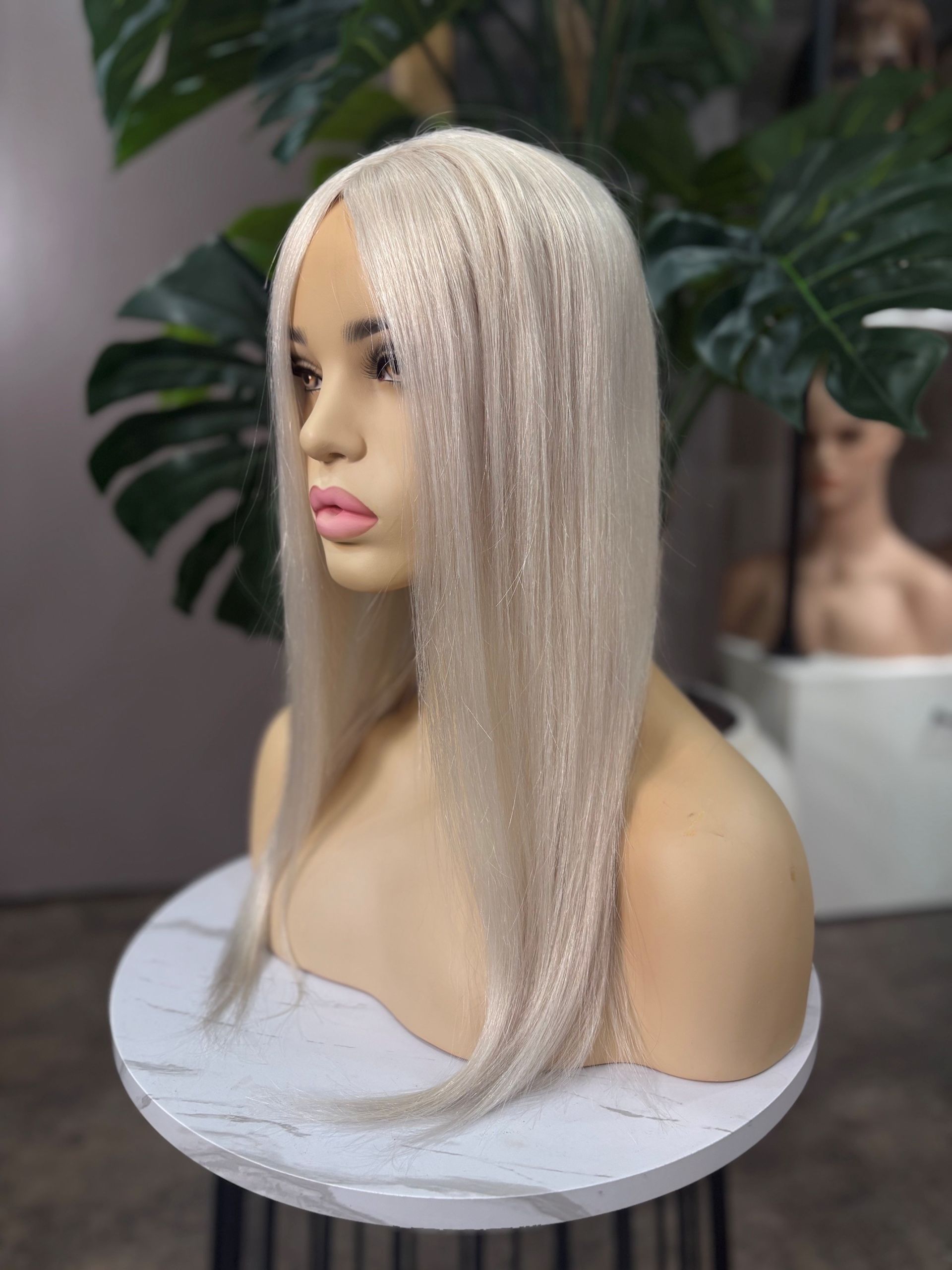 18 inch platinum blonde Russian Mongolian human hair topper with 5x6.5 mono base and 150% density