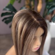 16 inch highlighted brunette Russian Mongolian human hair topper with 5x7 silk base and 130% density