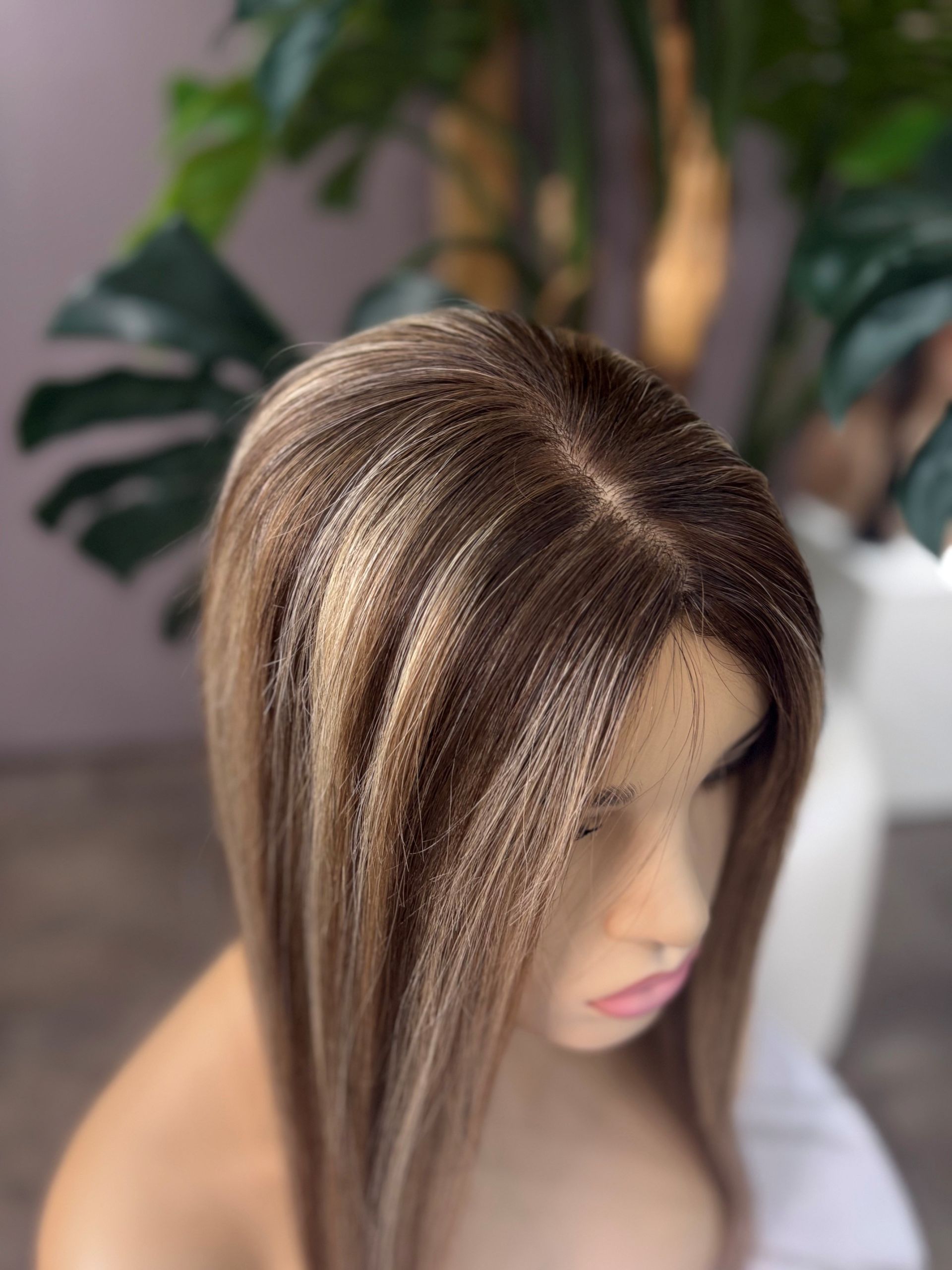 16 inch highlighted brunette Russian Mongolian human hair topper with 5x7 silk base and 130% density