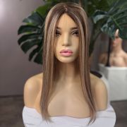 16 inch highlighted brunette Russian Mongolian human hair topper with 5x7 silk base and 130% density