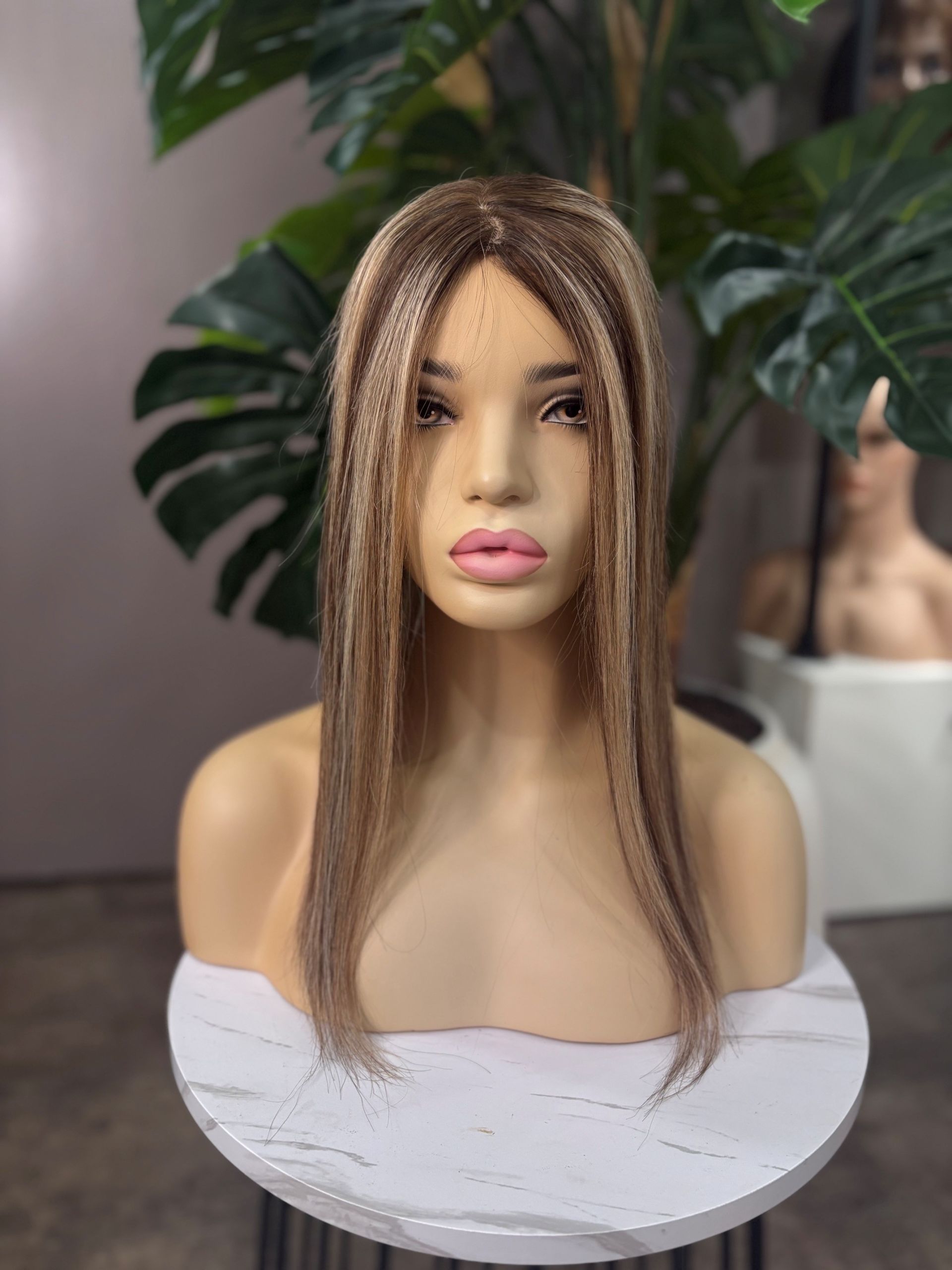 16 inch highlighted brunette Russian Mongolian human hair topper with 5x7 silk base and 130% density