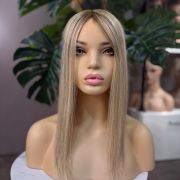 16 inch highlighted blonde Russian Mongolian human hair topper with 5x6.5 mono base and 130% density