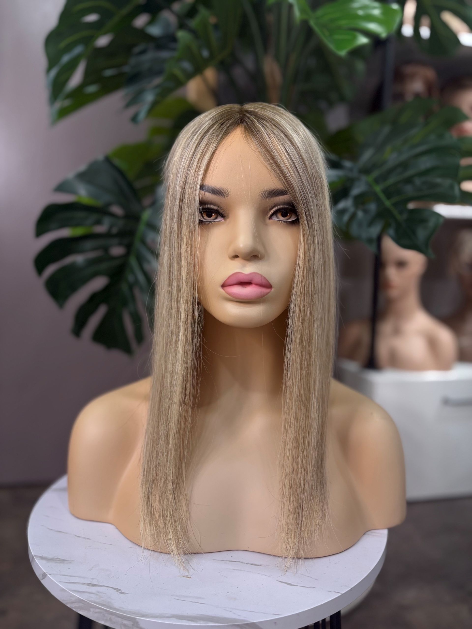 16 inch highlighted blonde Russian Mongolian human hair topper with 5x6.5 mono base and 130% density