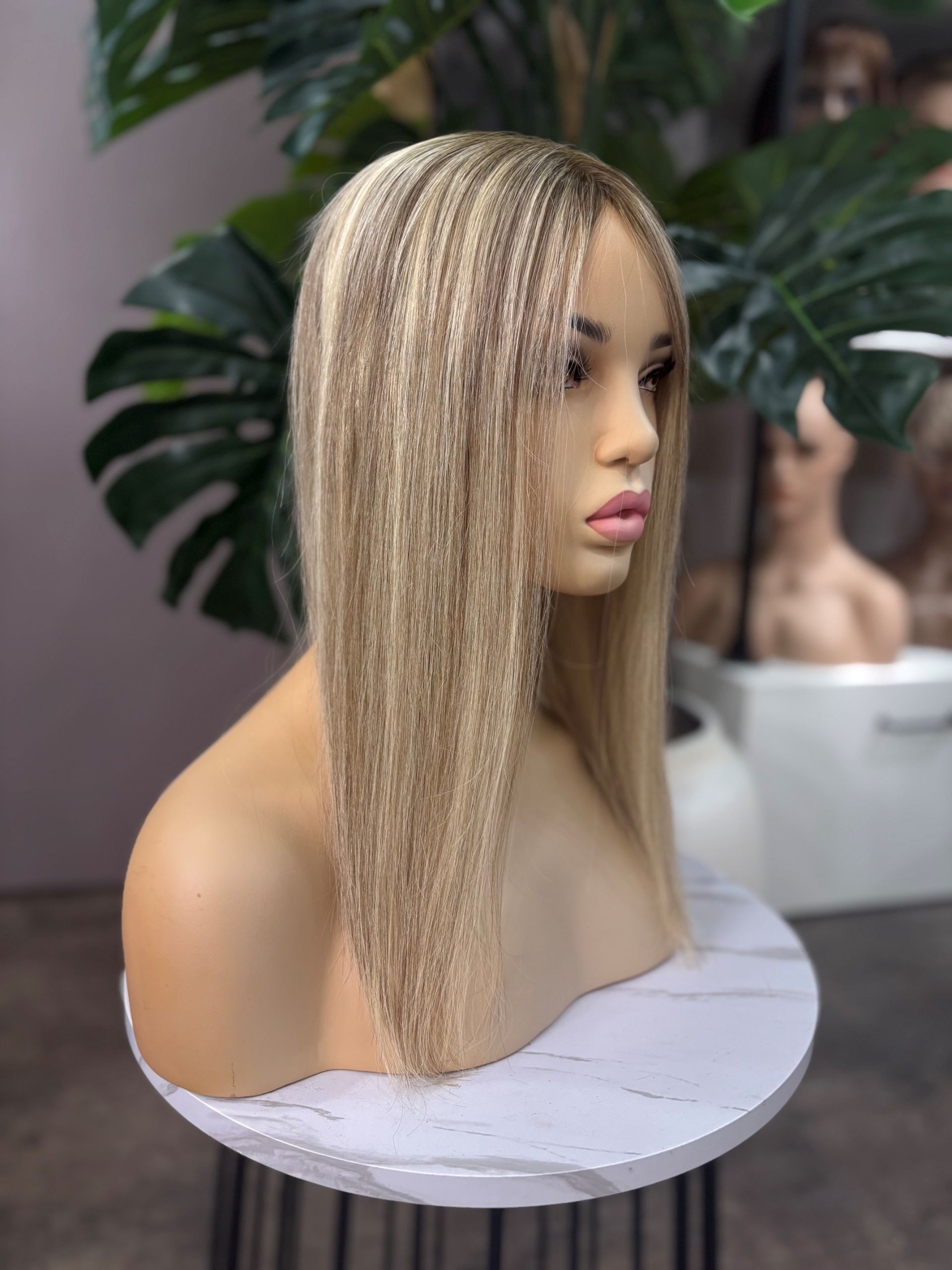 16 inch highlighted blonde Russian Mongolian human hair topper with 5x6.5 mono base and 130% density