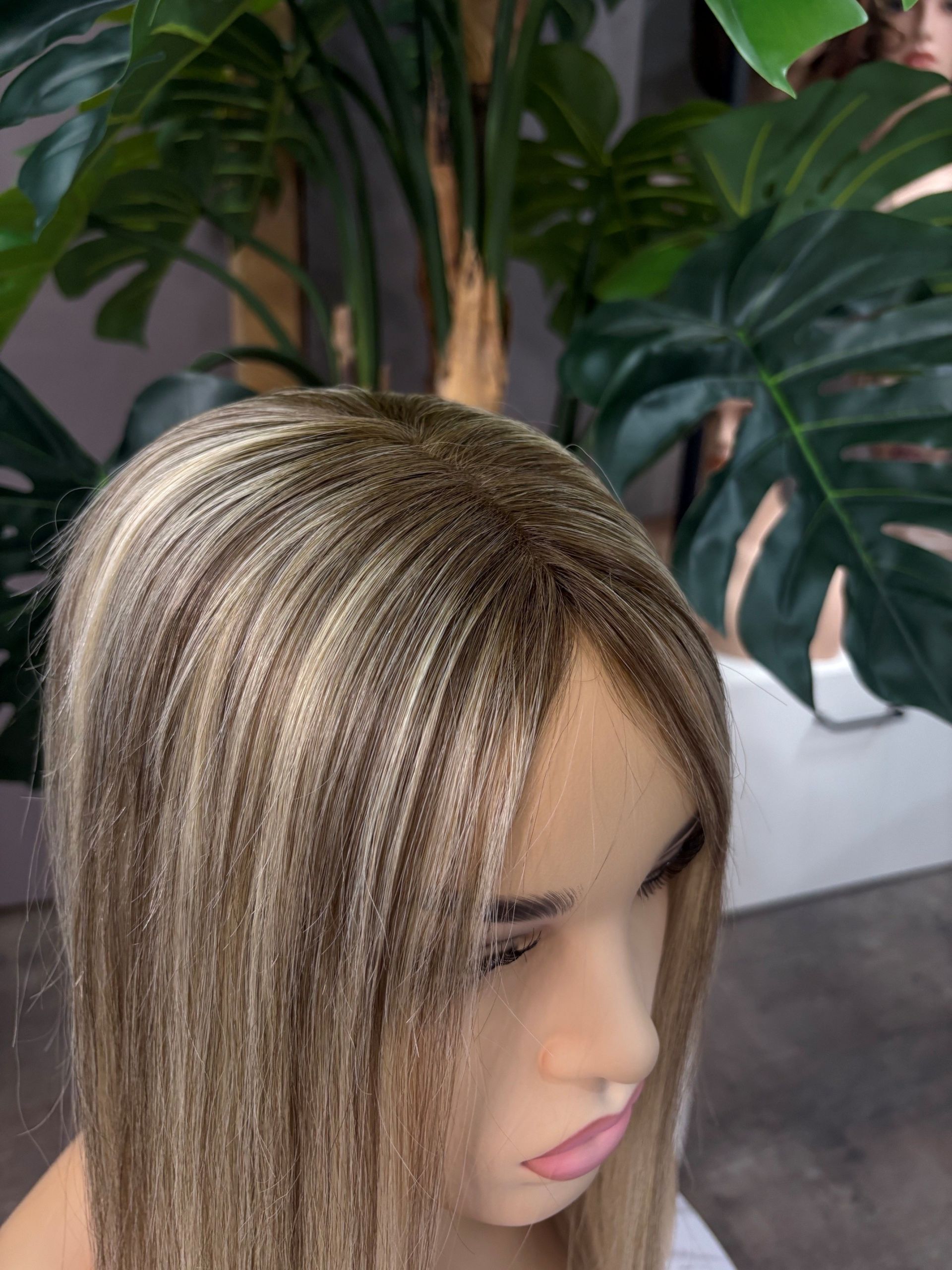 16 inch highlighted blonde Russian Mongolian human hair topper with 5x6.5 mono base and 130% density