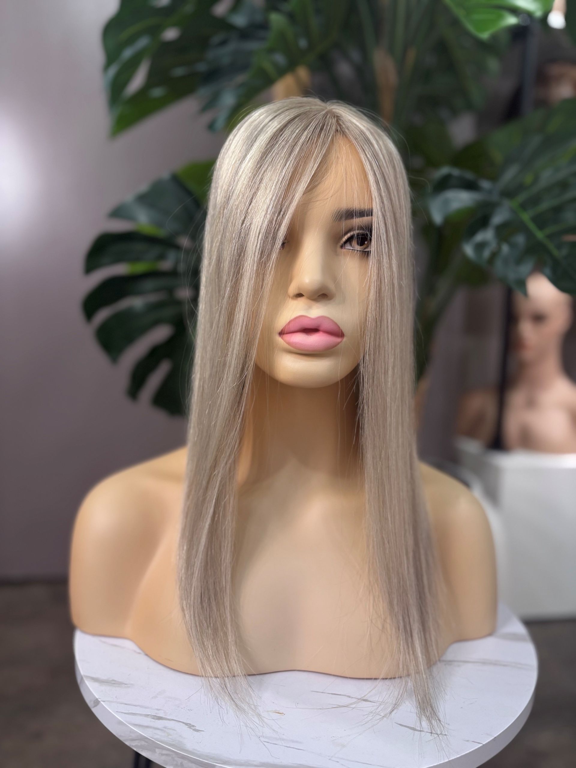 Asti 16 inch Russian Mongolian human hair topper with 5x7 silk base, freestyle parting and 130% density