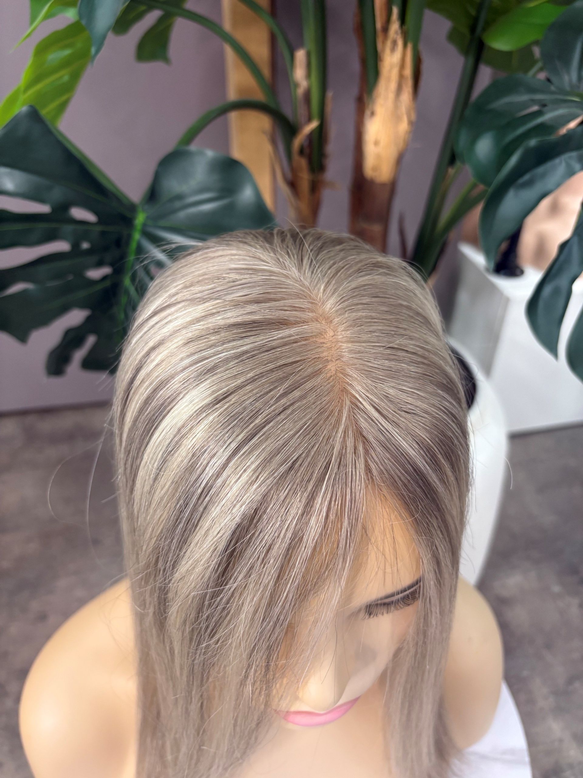 Asti 16 inch Russian Mongolian human hair topper with 5x7 silk base, freestyle parting and 130% density